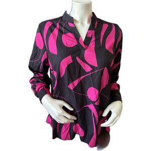 NWOT SHEIN Women's Blouse Long Sleeve V-Neck Black Pink‎ Abstract Print Size L